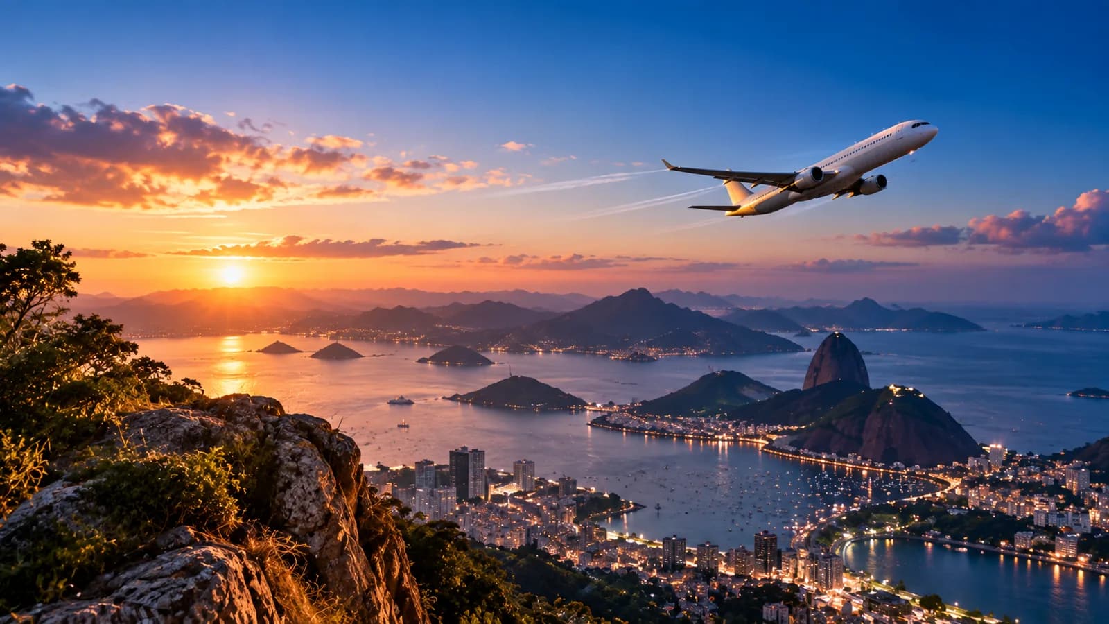 International city and global travel at sunset